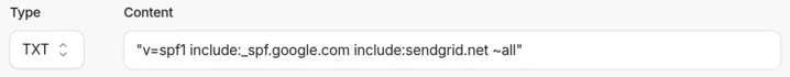 Cloudflare's record editor with Type TXT and Content v=spf1 include:_spf.google.com include:sendgrid.net ~all.
