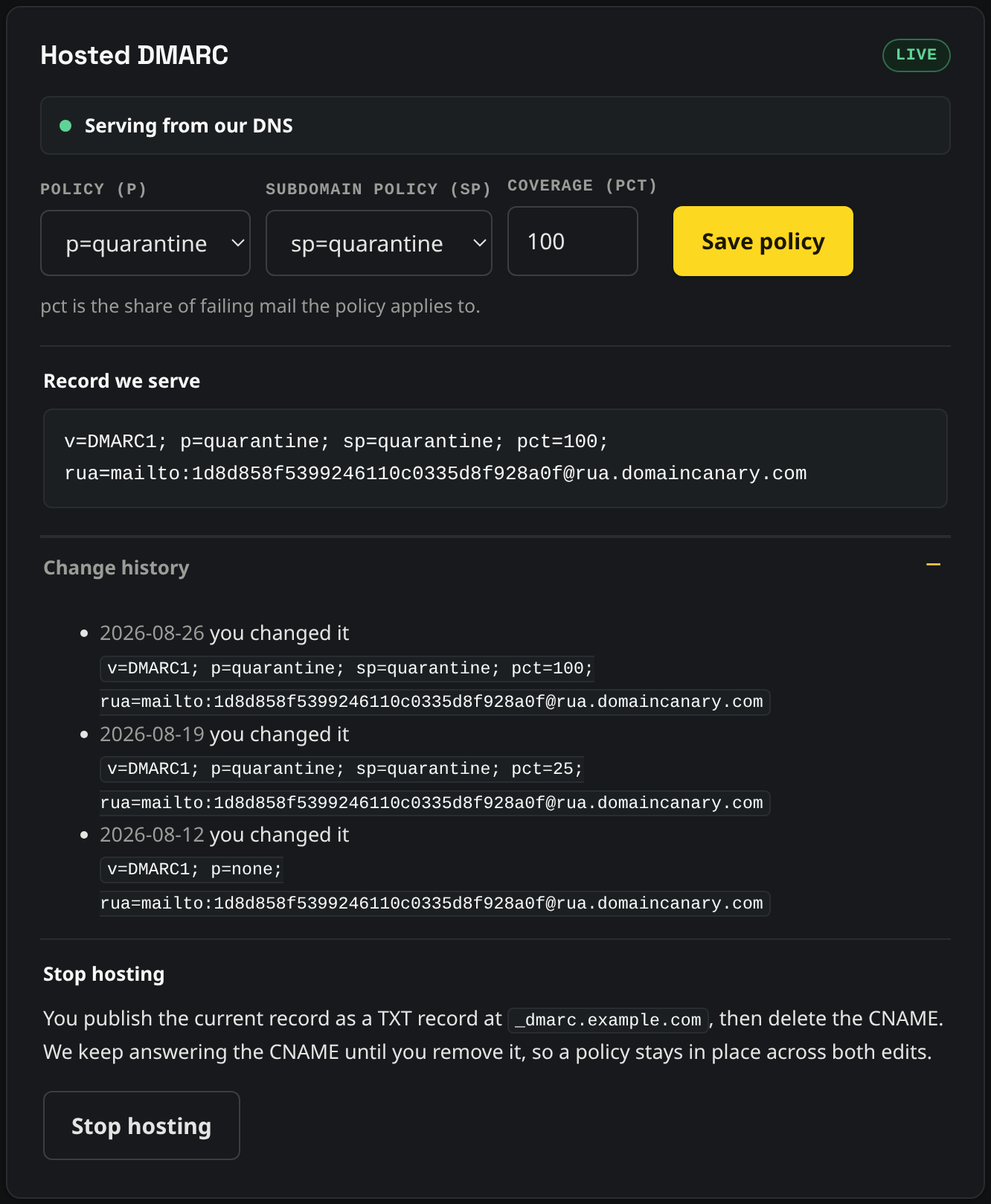 The hosted DMARC card for a domain at quarantine: the live badge, the policy, subdomain policy and percentage controls, and the history of every move.