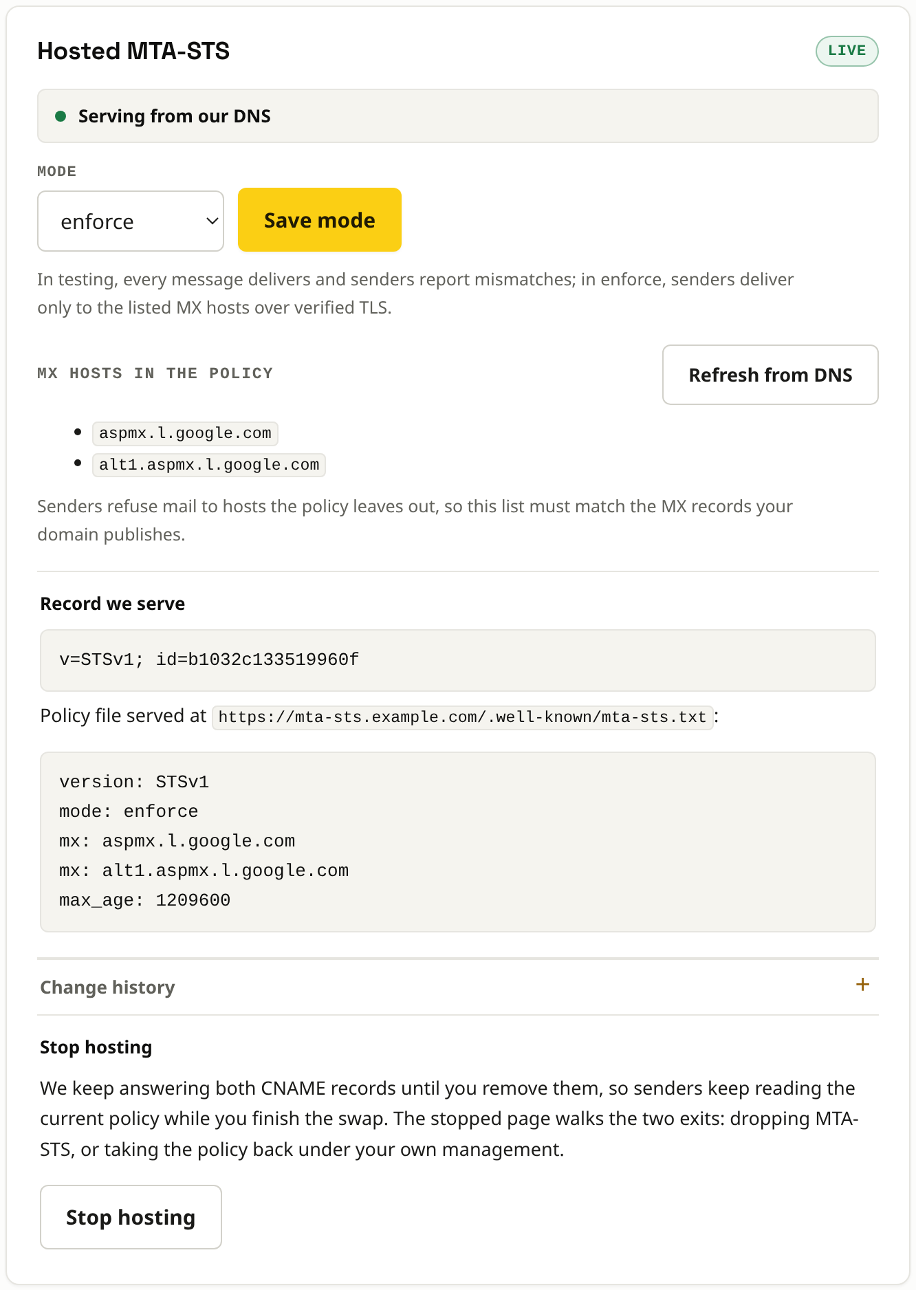 The hosted MTA-STS card in enforce mode: the live badge, the mode control, and the two MX hosts read from DNS.